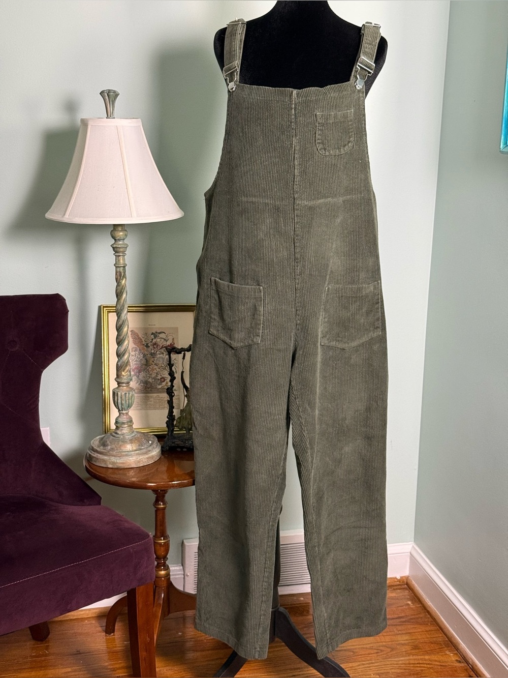 Olive Green Wide Whale Corduroy Overalls Jumpsuit Size Medium